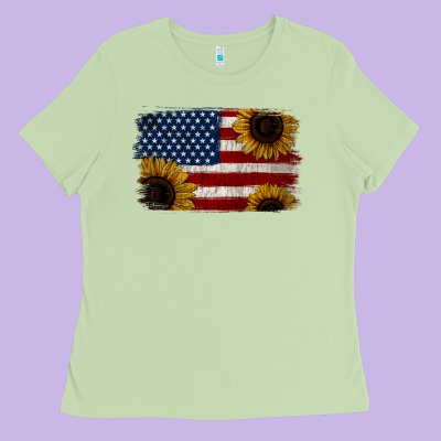 Distressed Yellow Sunflower American Flag Ladies Tee Designed By Jasminsmagicworld