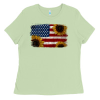 Matcha Distressed Yellow Sunflower American Flag Ladies Tee - Jasminsmagicworld