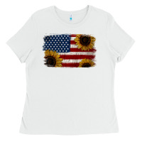 White Distressed Yellow Sunflower American Flag Ladies Tee - Jasminsmagicworld
