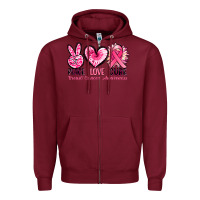 Burgundy Peace love cure Breast Cancer Awareness Zipper Hoodie - FaDigitalArtStudio