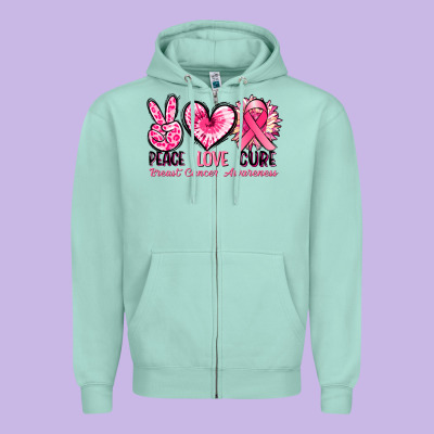 Peace Love Cure Breast Cancer Awareness Zipper Hoodie Designed By Fadigitalartstudio