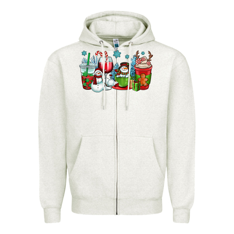 Christmas Snowman Coffee Cups Zipper Hoodie by OliviaCreatesArt | Teevron