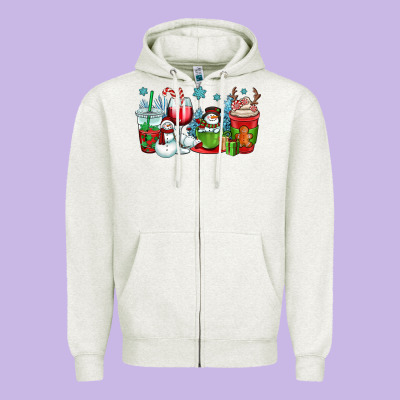 Christmas Snowman Coffee Cups Zipper Hoodie Designed By Oliviacreatesart