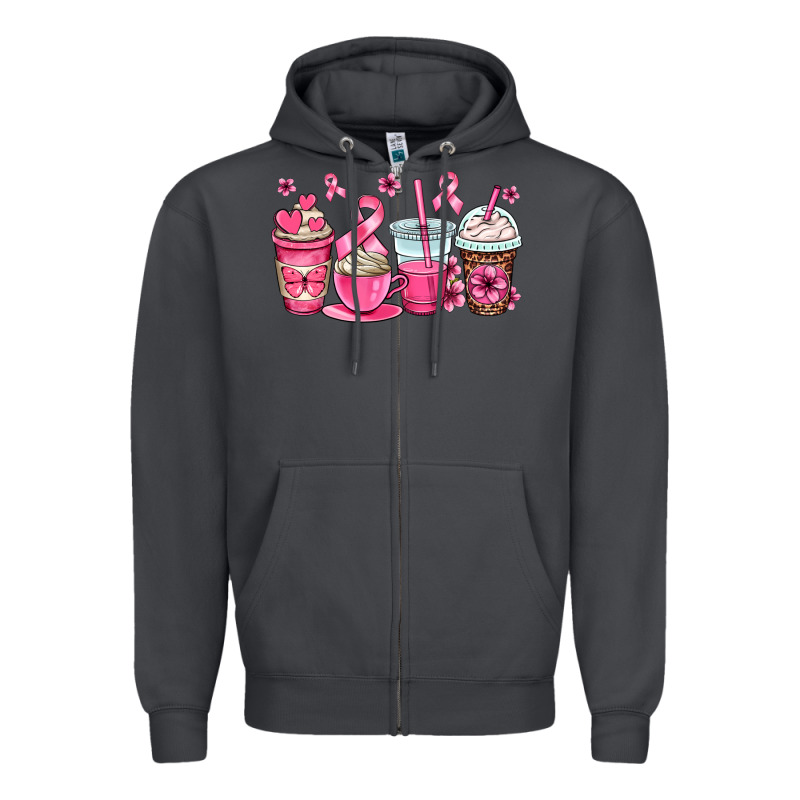 Breast Cancer Coffee Cups Zipper Hoodie by OliviaCreatesArt | Teevron
