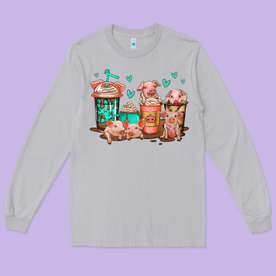 Cute Pigs Coffee Long Sleeve Tee Designed By Jasminsmagicworld