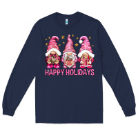 Navy Happy holidays with gnomes Long Sleeve Tee - NancyCooperArtShop