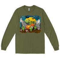 Army Green Cemetery with Ghost Cats Long Sleeve Tee - texasbilliewilder