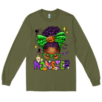 Army Green Halloween Afro Messy Bun Momster Long Sleeve Tee - texasbilliewilder
