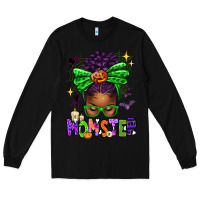 Black Halloween Afro Messy Bun Momster Long Sleeve Tee - texasbilliewilder