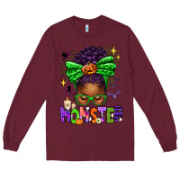 Burgundy Halloween Afro Messy Bun Momster Long Sleeve Tee - texasbilliewilder