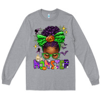 Heather Grey Halloween Afro Messy Bun Momster Long Sleeve Tee - texasbilliewilder
