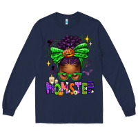 Navy Halloween Afro Messy Bun Momster Long Sleeve Tee - texasbilliewilder