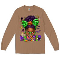 Toasted Coconut Halloween Afro Messy Bun Momster Long Sleeve Tee - texasbilliewilder