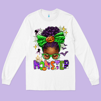 Halloween Afro Messy Bun Momster Long Sleeve Tee Designed By Texasbilliewilder