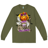 Army Green Happy Halloween with Skeleton Long Sleeve Tee - texasbilliewilder