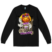 Black Happy Halloween with Skeleton Long Sleeve Tee - texasbilliewilder
