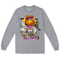 Heather Grey Happy Halloween with Skeleton Long Sleeve Tee - texasbilliewilder