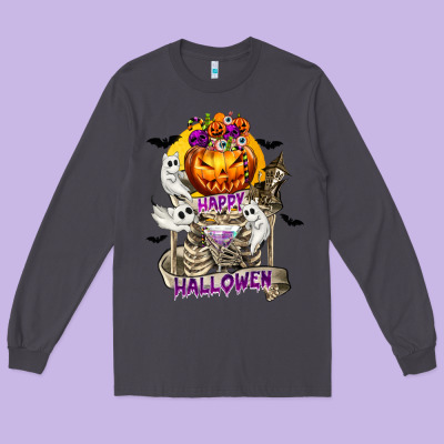 Happy Halloween With Skeleton Long Sleeve Tee Designed By Texasbilliewilder