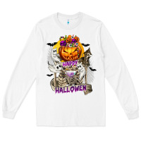 White Happy Halloween with Skeleton Long Sleeve Tee - texasbilliewilder