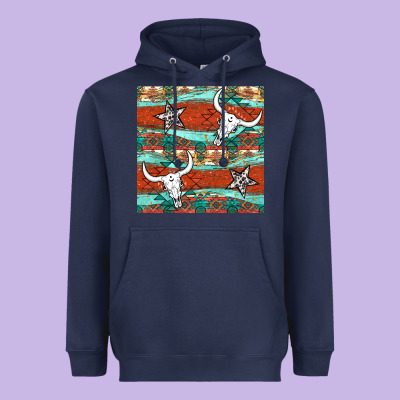 Western Aztec Bull Skull Stars Seamless Pattern Heavyweight Hoodie Designed By Bundleandbundleshop