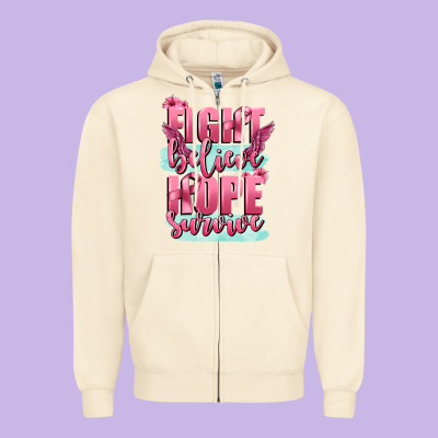 Fight Believe Hope Survive Cancer Awareness Zipper Hoodie Designed By Fadigitalartstudio
