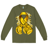 Army Green Childhood Cancer yellow ribbon with boxing gloves Long Sleeve Tee - NancyCooperArtShop