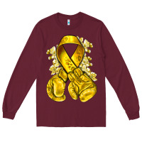 Burgundy Childhood Cancer yellow ribbon with boxing gloves Long Sleeve Tee - NancyCooperArtShop