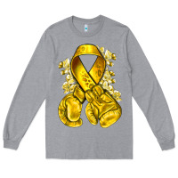 Heather Grey Childhood Cancer yellow ribbon with boxing gloves Long Sleeve Tee - NancyCooperArtShop