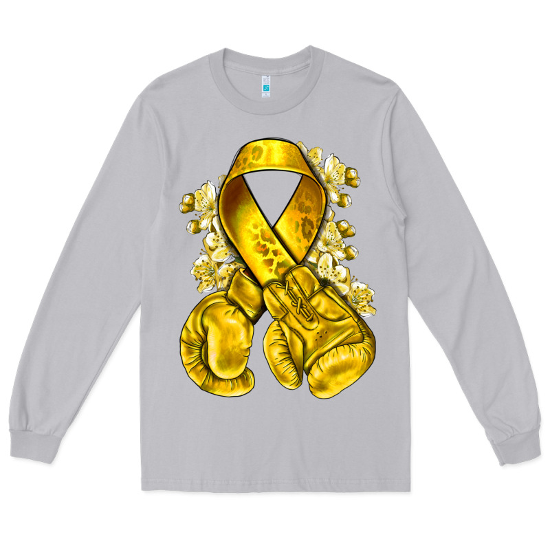 Childhood Cancer Yellow Ribbon With Boxing Gloves Long Sleeve Tee by NancyCooperArtShop | Teevron