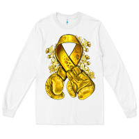 White Childhood Cancer yellow ribbon with boxing gloves Long Sleeve Tee - NancyCooperArtShop
