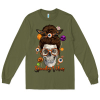 Army Green Spooky Vibes Skull Messy Bun Long Sleeve Tee - texasbilliewilder