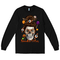 Black Spooky Vibes Skull Messy Bun Long Sleeve Tee - texasbilliewilder
