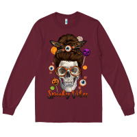 Burgundy Spooky Vibes Skull Messy Bun Long Sleeve Tee - texasbilliewilder