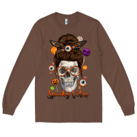 Chestnut Spooky Vibes Skull Messy Bun Long Sleeve Tee - texasbilliewilder
