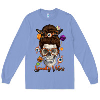 Colony Blue Spooky Vibes Skull Messy Bun Long Sleeve Tee - texasbilliewilder