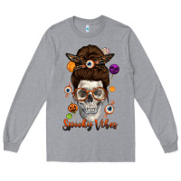 Spooky Vibes Skull Messy Bun Long Sleeve Tee | Teevron