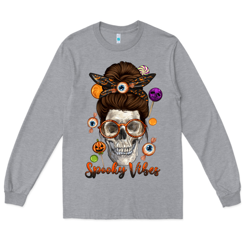Spooky Vibes Skull Messy Bun Long Sleeve Tee by texasbilliewilder | Teevron