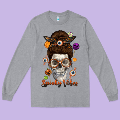 Spooky Vibes Skull Messy Bun Long Sleeve Tee Designed By Texasbilliewilder