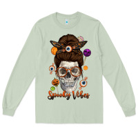 Matcha Spooky Vibes Skull Messy Bun Long Sleeve Tee - texasbilliewilder