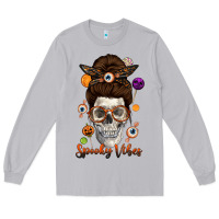Moon Dust Spooky Vibes Skull Messy Bun Long Sleeve Tee - texasbilliewilder