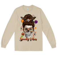Mushroom Spooky Vibes Skull Messy Bun Long Sleeve Tee - texasbilliewilder