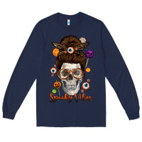 Navy Spooky Vibes Skull Messy Bun Long Sleeve Tee - texasbilliewilder