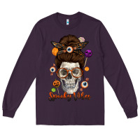 Plum Spooky Vibes Skull Messy Bun Long Sleeve Tee - texasbilliewilder