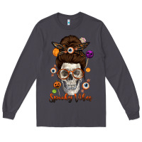 Smoke Spooky Vibes Skull Messy Bun Long Sleeve Tee - texasbilliewilder