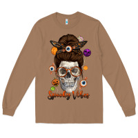 Toasted Coconut Spooky Vibes Skull Messy Bun Long Sleeve Tee - texasbilliewilder