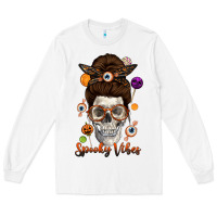 White Spooky Vibes Skull Messy Bun Long Sleeve Tee - texasbilliewilder