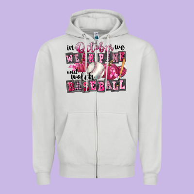 In October We Wear Pink And Watch Baseball Zipper Hoodie Designed By Fadigitalartstudio