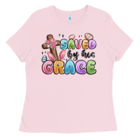 Bubblegum Pink saved by his grace Ladies Tee - MaliasSmallBusiness