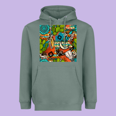 Western Cactus Aztec Seamless Pattern Heavyweight Hoodie Designed By Bundleandbundleshop