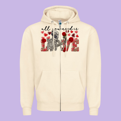 Skeleton All You Need Is Love Zipper Hoodie Designed By Fadigitalartstudio